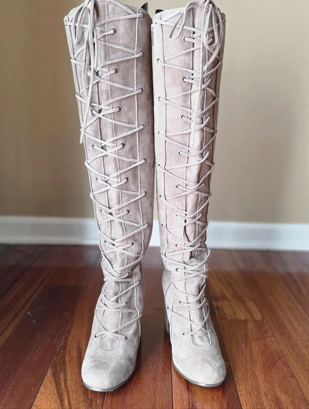 Vince‎ Camuto Thanta Over The Knee Lace Up Suede Boots Tan Taupe Size 8M / EU 38